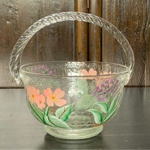 Vintage Hand Painted Floral Crackle Glass Basket